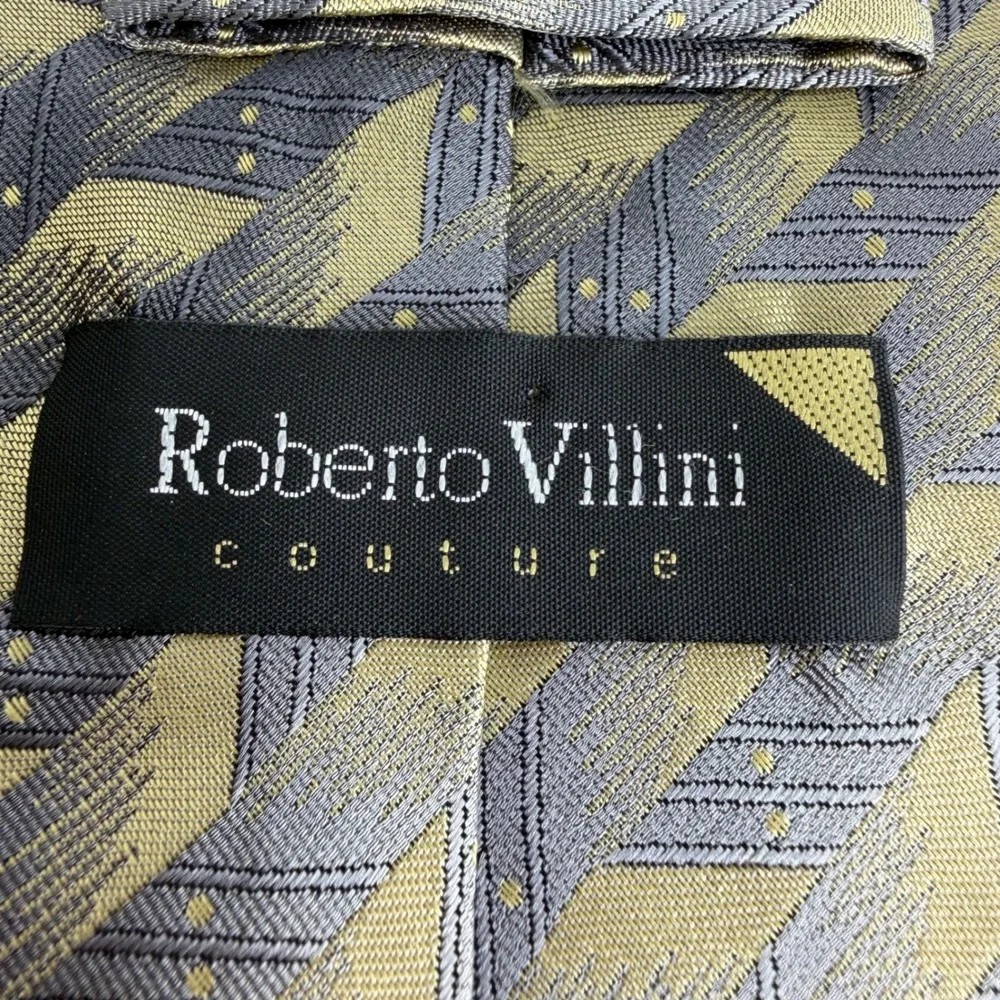Roberto Villini Couture‎ 100% Silk Tie Gold Gray/Silver Geometric Print